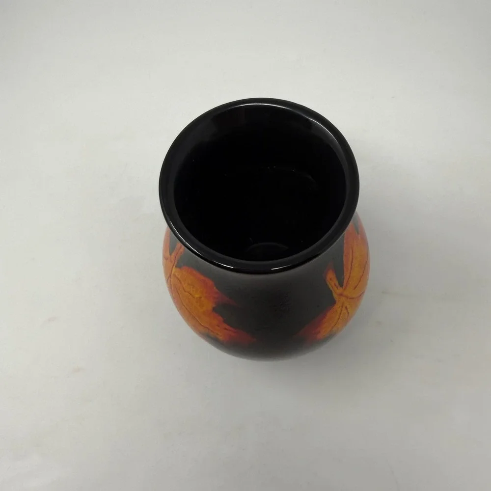 Poole Pottery England Black Maple Leaf Vase Orange Yellow Art Pottery Ceramic 8